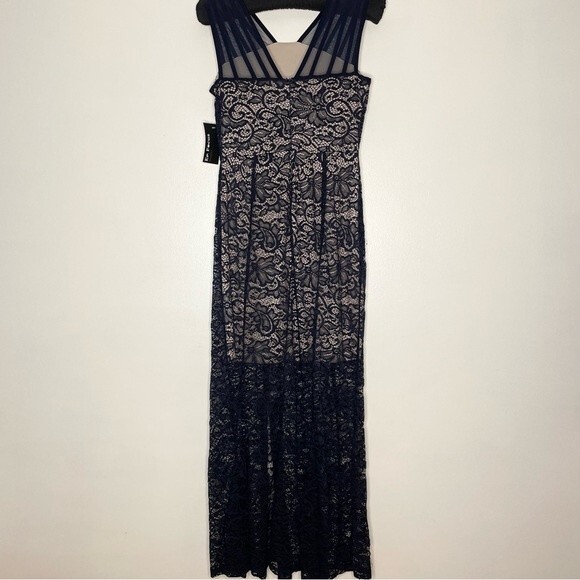 En Focus Dress Lace Overlay Rhinestone Long Gown Prom Formal New Navy Blue 4 - Picture 4 of 13